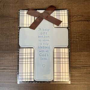 Hallmark Baby Boy Gift Cross Blue Ceramic Religious New In Box Hanging Ribbon